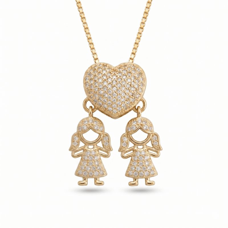 Colar filhas e coração cravejado zircônias 45cm banhado a ouro 18k