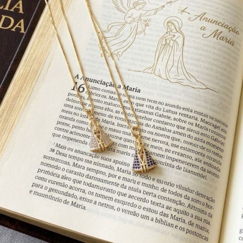 Colar Nossa Senhora Dupla Face Cristal E Azul P 45CM Banhado Em Ouro