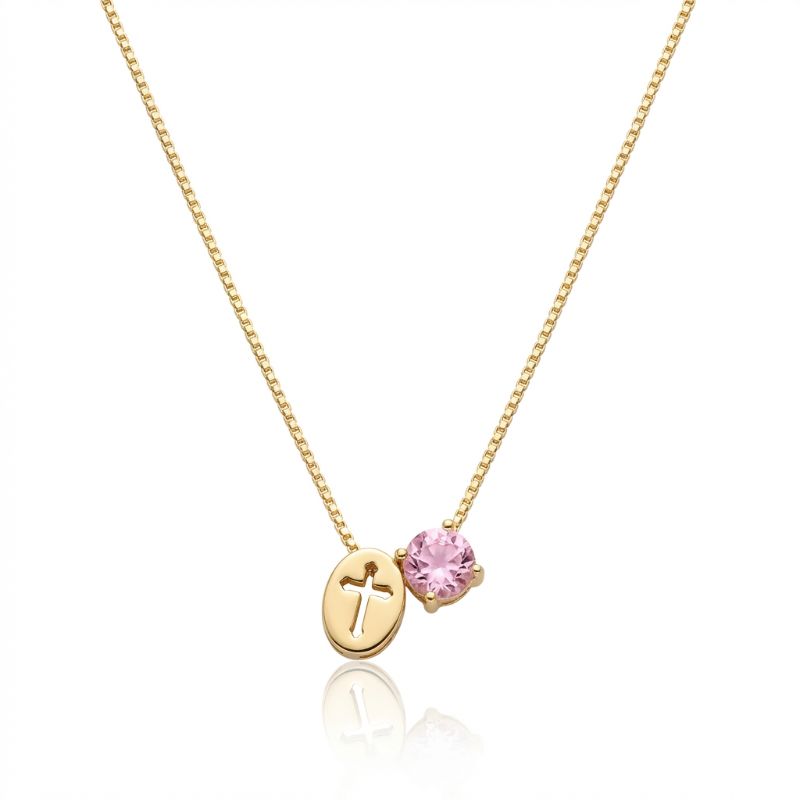 Colar Espírito Santo Ponto De Luz Rosa Quartzo Essencial 45CM Banhado Em Ouro