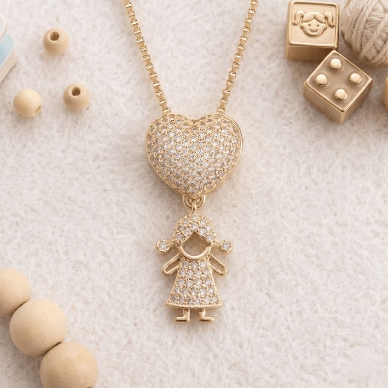 Colar de Filha e coração cravejado zircônias 45cm banhado a ouro 18k