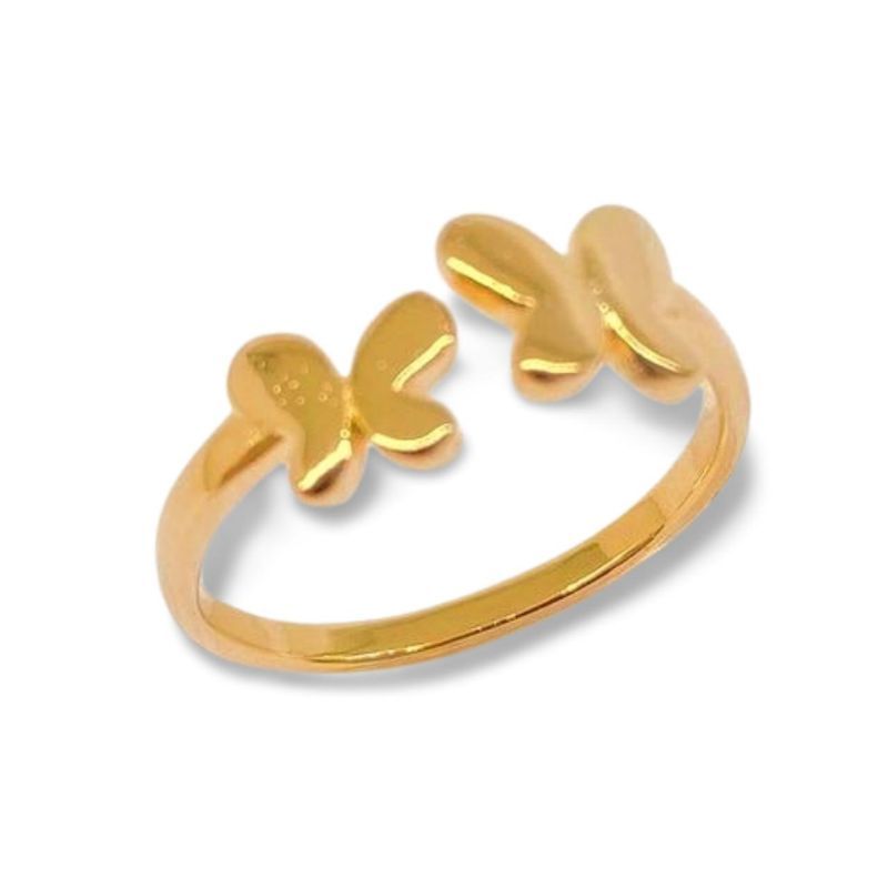 Anel Duas Borboletas Lisas Tica Banhado Em Ouro 18k