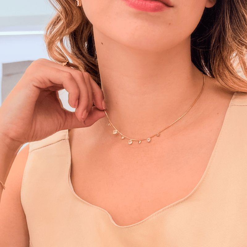 Colar Choker Coração Cristal E Liso Aura 40CM Banhado Em Ródio