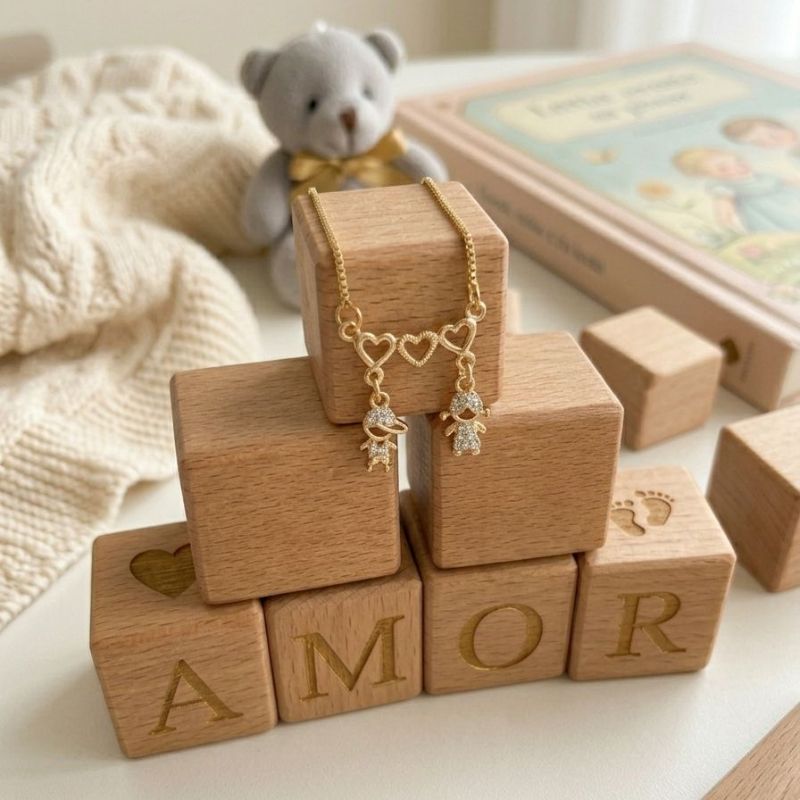 Colar Pingente Casal De Menino E Menina Cravejados Microzircônias Essencial 45CM Banhado Em Ouro
