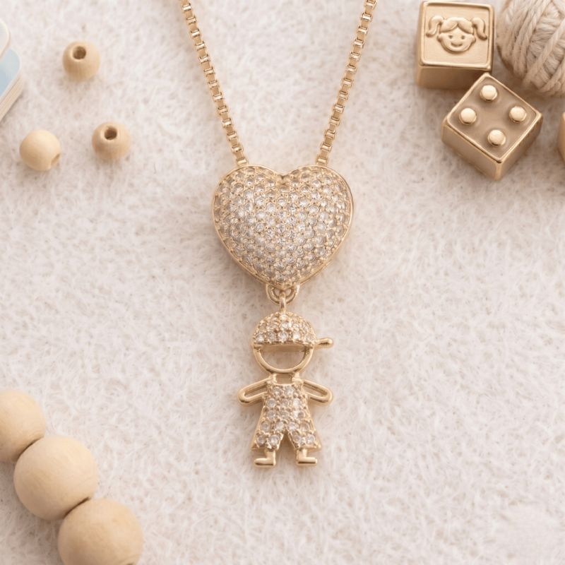 Colar de Filho e coração cravejado zircônias 45cm banhado a ouro 18k