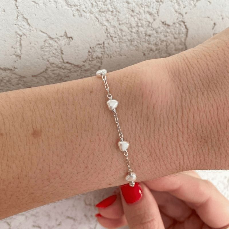 Pulseira Pérola De Coração Delicada Best-seller Banhado Em Ródio